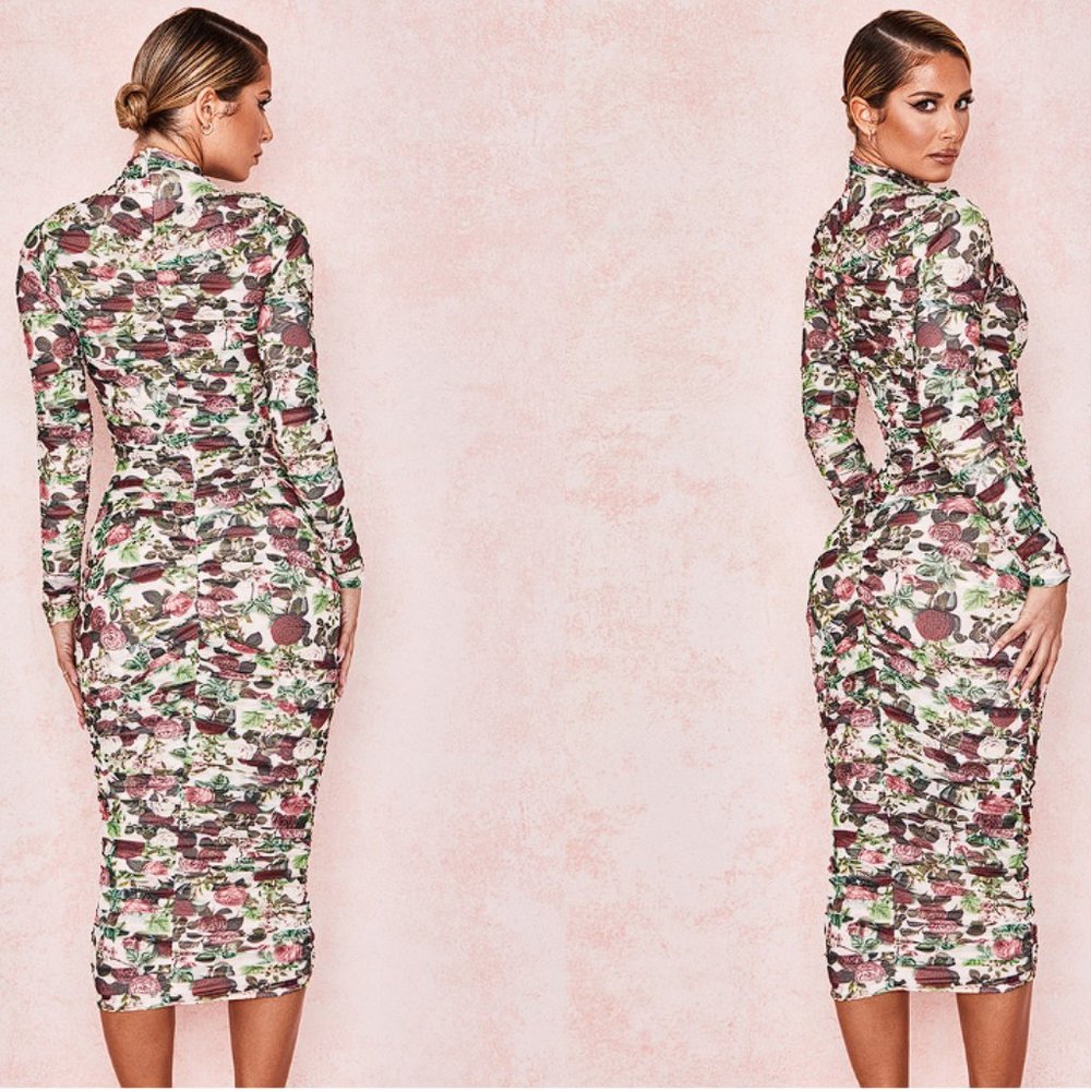 HOUSE OF CB 'Roseanne' Vintage Floral Ruched Midi Dress NWOT - Picture 5 of 5